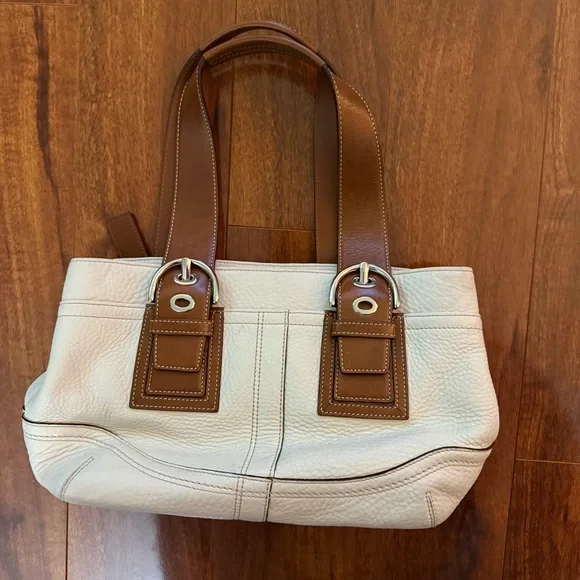 Vintage Y2K Coach Soho Pebbled Leather Small Hand Bag Cream Brown Purse F12302 - Picture 2 of 16